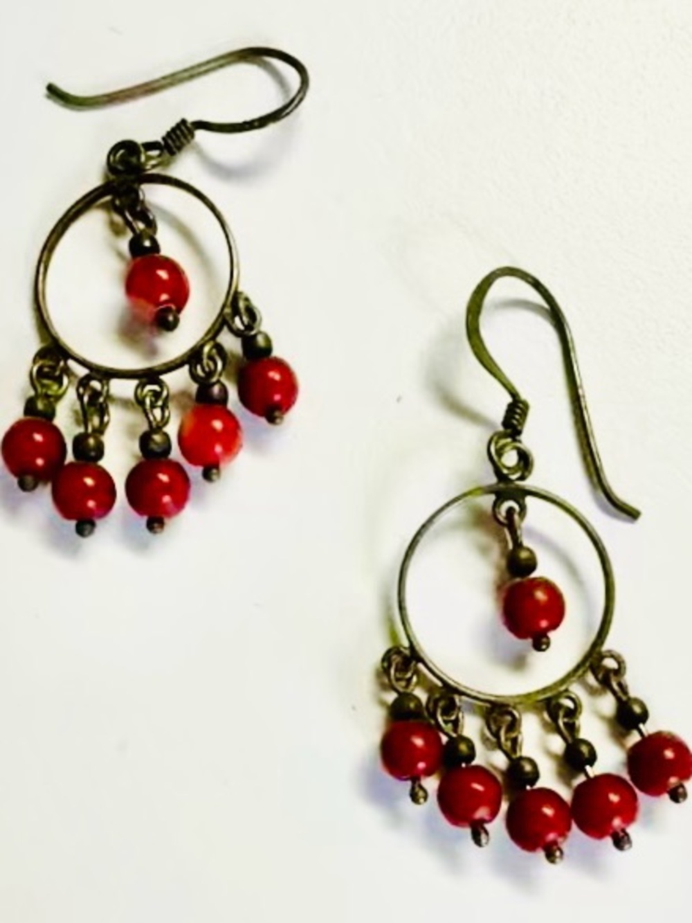 Handcrafted Antiqued Brass Chandelier Fringe Earrings Boho Red Stone Dangles
